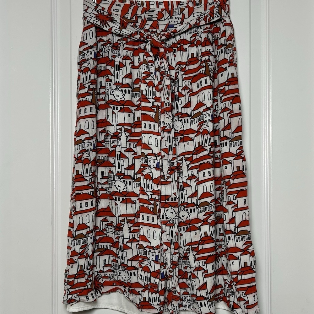 Porridge Anthropologie Orange White Mediterranean Village Tie Up Midi Skirt